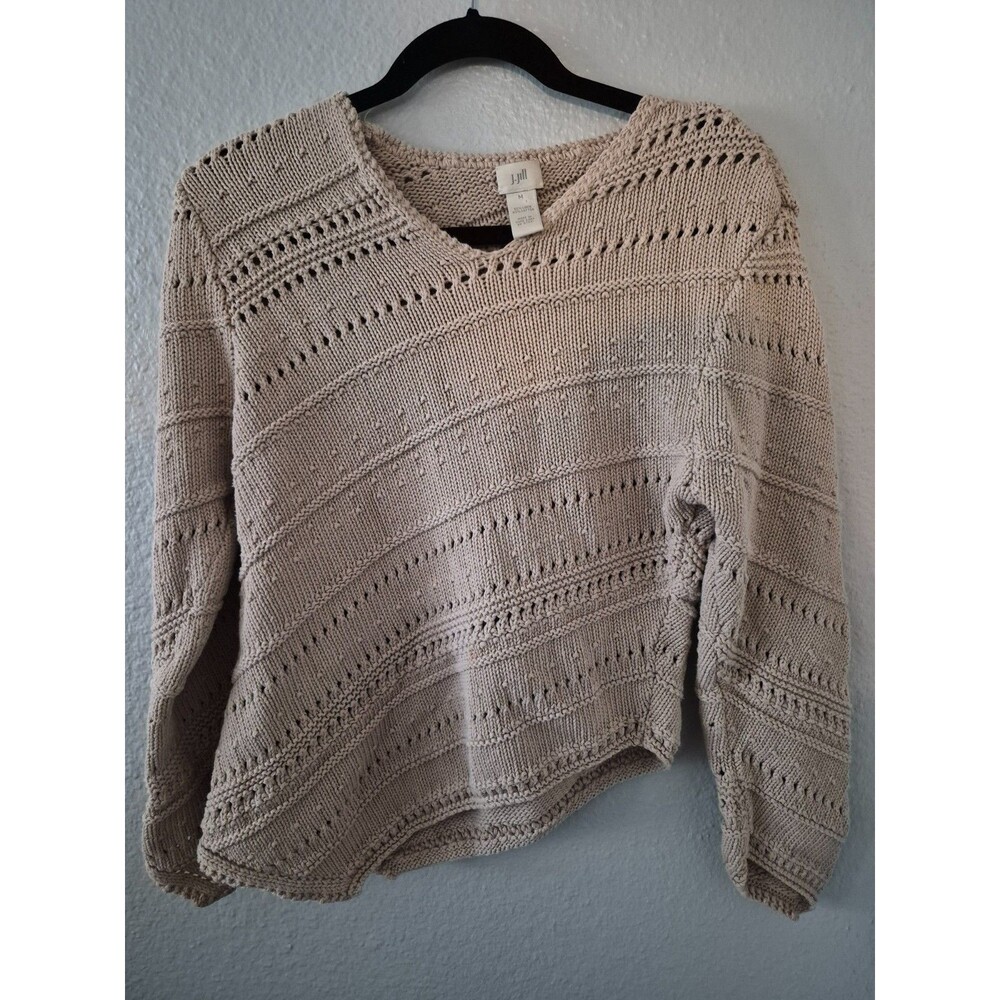 J. Jill Sweater Women Medium M Beige Linen Blend Openwork Crochet Asymmetrical